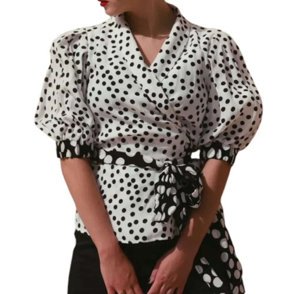 Zara TRF Viral Polka Dot Wrap Blouse with 3/4 Puff Sleeves